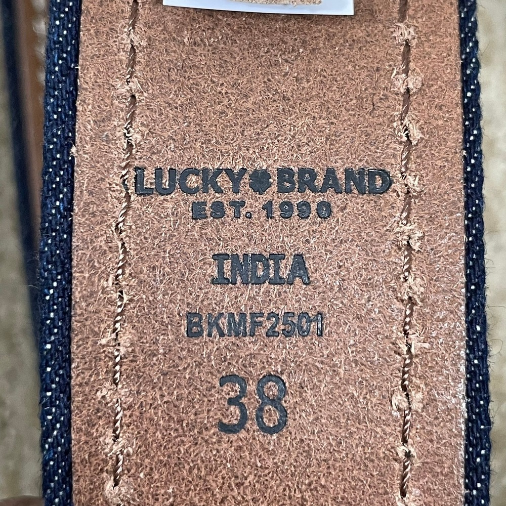 Lucky Brand Leather Denim Belt Mens 38 Tan Blue BKMF2501 Americana Workwear 4501 - Picture 6 of 6